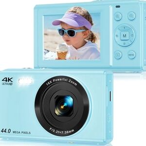 Digital Camera, 4K 44MP Autofocus Point and Shoot Camera with 16X Zoom 2.4" LCD